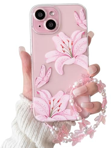 NITITOP for iPhone 15 6,1 Case Clear Cute Flower Lily Chain,Pink | for Women Girls, Floral Butterfly Design, with Wrist Strap, Soft TPU Shockproof Cover, Full Camera Protection