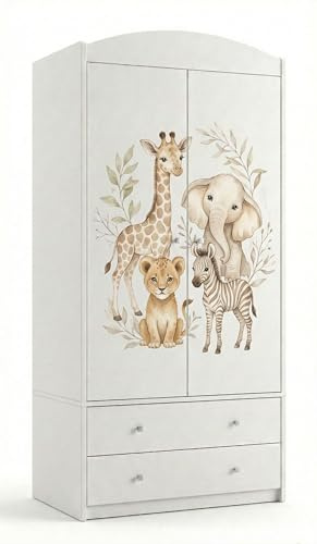 Happy Babies Kinderkleiderschrank mit bezauberndem Motiv – 2-türiger Schrank für Kinderzimmer inkl. 2 Schubladen, Kleiderstange & Einlegeböden, Weiß (88x187x54 cm) (nr 170)