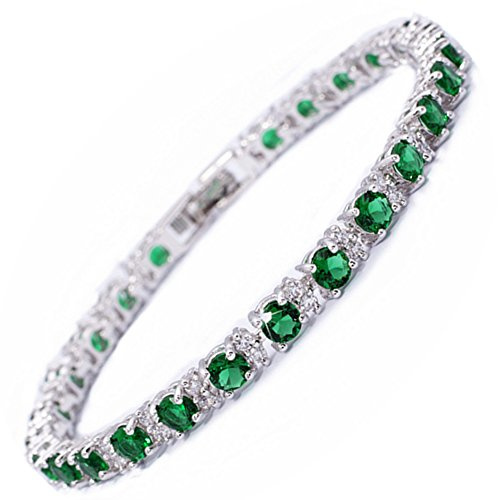 RIZILIA Round Simulated Green Emerald and White Cubic Zirconia 18K White gold Plated Tennis Bracelet, 7