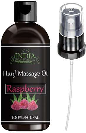 Haut & Massageöl mit Hanfsamen Öl Extrakt in Bio Premium Qualität! Aprikosenkernöl, Süßmandelöl, Sesamöl, Avocadoöl, Wassermelonenkernöl, Pfefferminzöl und natürliches Himbeeröl.