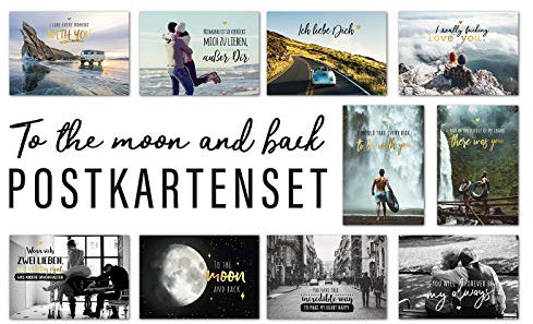 Him & I® Postkarten Set To the moon and back - 10 verschiedene Postkarten mit Sprüchen & Zitaten für Verliebte - Liebe, Liebeskarten, Love-cards - Geschenkidee - inspirierende Spruchkarten mit Motiv