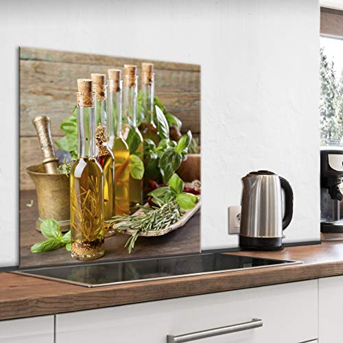 murando Crédence Cuisine en Verre Trempé - Plaque Anti-Projection 80x80 cm | 4 mm, Anti-Éclaboussures, Résiste à la Chaleur, Facile à Nettoyer, Déco Moderne, Épices Huile d'Olive Romarin