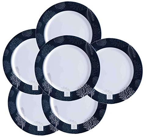 Marine Business Lot de 6 grandes assiettes plates en mélamine - 25 cm - Bleu marine/blanc