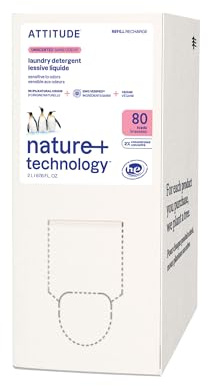 ATTITUDE Liquid Laundry Detergent Refill, EWG Verified, HE Compatible, Plant-Based & Vegan, Natural Laundry Soap, Unscented, 80 Loads, 2 Liters