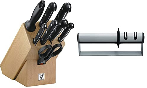 Zwilling Bloque De Cuchillos, 9 Piezas, Bloque De Madera, Cuchillos Y Tijeras De Acero Inoxidable Especial/Mango De Plástico, Twin Gourmet + 32601-000-0, Afilador De Acero Inoxidable