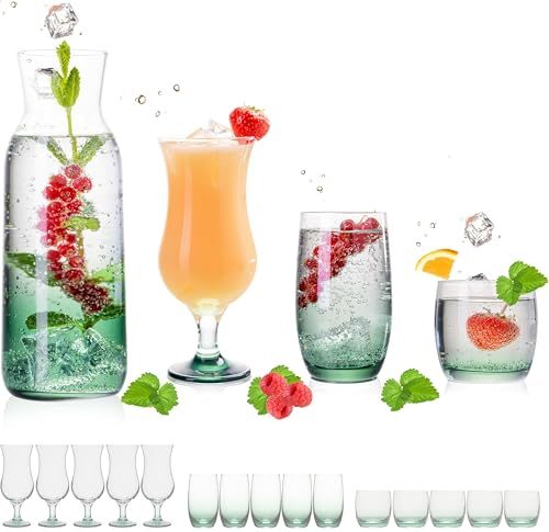 PLATINUX Juego de vasos y jarra con efecto ombré verde, 19 piezas de cristal, jarra de agua, vasos de cóctel