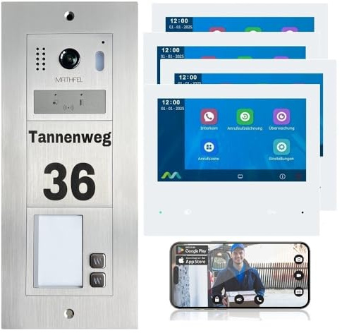 MATHFEL 2-Draht-Bus WLAN Video Türsprechanlage - Personalisierte Außenstation inklusive Gravur, ideal für 2 Familienhäuser, mit 4X 7'' Monitoren