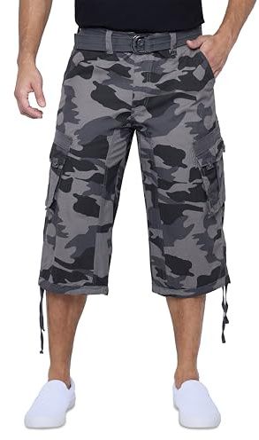 X RAY Herrshorts med bälte, långa cargoshorts för män, längd under knä, trekvartsbyxor (stora och långa shorts för män), Svart kamouflage, 48