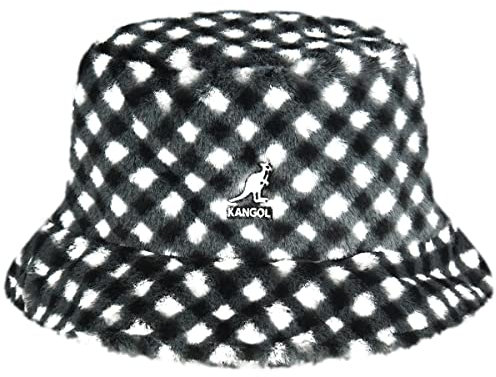 Kangol Faux Fur Check Bucket Stoffhut Fischerhut Damenhut Damen/Herren - mit Futter Winter Herbst-Winter - S (54-55 cm) schwarz-weiß