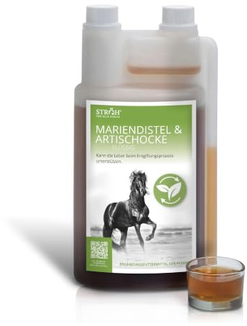 STRÖH Mariendistel & Artischocke flüssig für Pferde - Leber Detox Kur - 1L | Stoffwechsel & Leber - Natürliche Kräuter - Ohne Zusatzstoffe - Hohe Akzeptanz - Leicht zu dosieren - Made in Germany