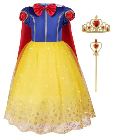 Aomig Deguisement Robe Princesse Enfant Fille, Deguisement Robe Princesse Blanche Neige avec Accessoires de Baguette pour Enfant, Costume d' Halloween Anniversaire Fete Carnaval(150CM)