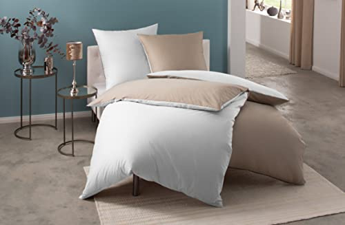 Bettwaesche-mit-Stil Mako Satin Damast Wendebettwäsche Streifen Vancouver weiß/braun (Garnitur 155x220 + 80x80cm)