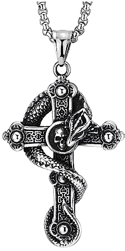 COOLSTEELANDBEYOND Gothique Serpent Crâne Croix Pendentif Collier avec Tribal Totem Motif - Homme Acier Inoxydable - 75CM Chaîne de blé