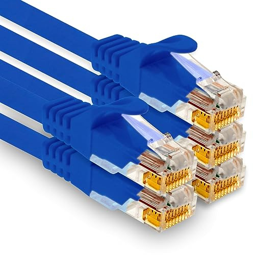 1aTTack.de - 5 câbles réseau Cat7 de 1,5 m, câbles de raccordement Ethernet Cat.7, Lan et Cat 7 pour une vitesse Internet maximale et connecte tous les appareils avec des fiches RJ 45 bleues