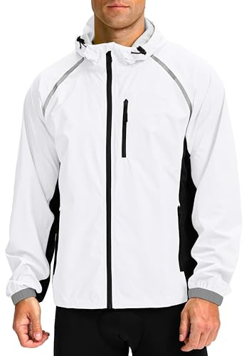 Bikewa Men's Cycling Rain Jackets Waterproof Running Bike Windbreaker Hooded Reflective Biking Windproof Bicycle Riding(White/Black,L)