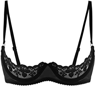 Freebily Sujetador De Encaje Transparente para Mujer Lencería Erótica 1/4 de Copas Pecho Abierto Push Up Babydoll Ropa de Dormir Interior A Negro L