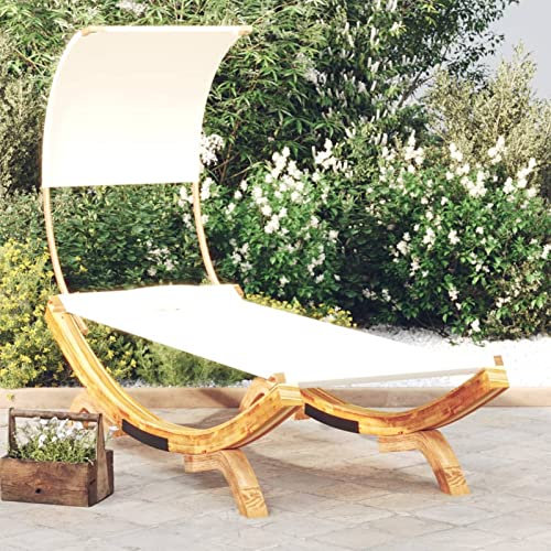 Homgoday Loungebett mit Dach Sonnenbett Gartenliege Lounge Sonnenliege Relaxliege Sonnenschutz für Terrasse, Garten & Balkon 100x200x126 cm Bugholz Massiv Creme