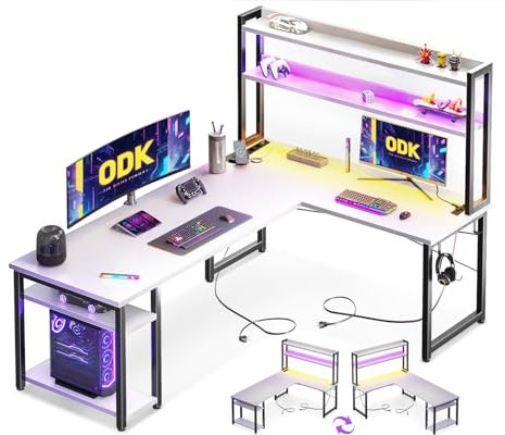 ODK Escritorio Gaming con LED, 150×120 cm Escritorio con Estante Reversible, Escritorio en L con Enchufes y Puertos USB, Escritorio Gaming Blanco con Compartimentos y Almacenamiento