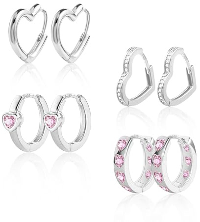 ALEXCRAFT 4 par multipack silver 925 båge örhängen med zirkon rosa örhängen set örhänge hjärt huggie hoop örhängen hjärta hoop örhängen för kvinnor tjejer