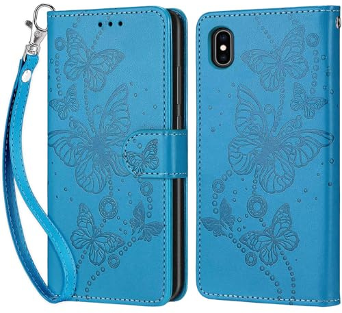 KENHONER Handyhülle für iPhone X/XS Hülle, Blau Schmetterling | PU Leder Flip, Klappbar, Stoßfest, Magnetisch, Standfunktion, Kartenfächer, Retro Design, Handgelenkband