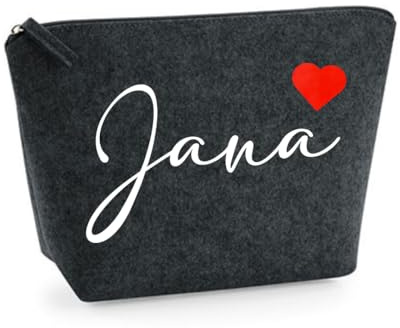 Kosmetiktasche personalisiert - Schminktasche Filz - Kosmetikbeutel mit Namen - Tasche mit Name und Herz - Filztasche - Geschenkidee (Dunkelgrau, M)