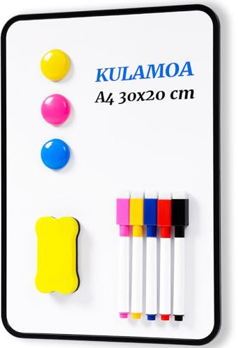 Kulamo Tableau Blanc Magnetique 30x20cm, A4 Tableau Blanc Double Face avec 5 Stylos Marqueurs et Effaceur, Effaçable à Sec Tableau Aimanté Frigo pour Mémo, Plannings de Repas, Notes, Cuisine Liste