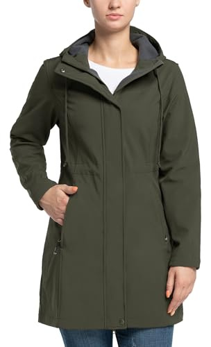 33,000ft Softshell-jacka för dam regnjacka vattentät regnjacka lång övergångsjacka funktionell jacka vindjacka andningsbar huva mjuk skaljacka, Grönbrun, L