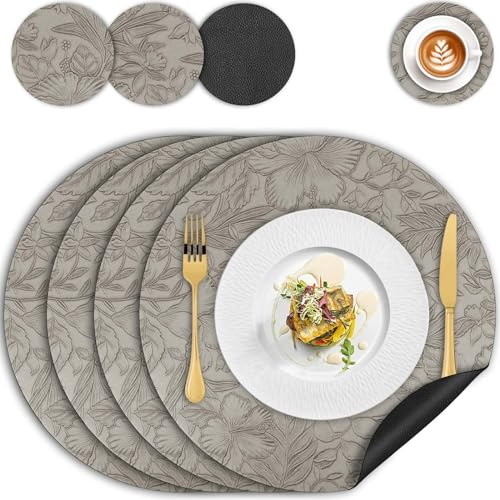 Platzset und Untersetzer 4er Set, Rund Blumen Tischsets Abwaschbar Hitzebeständig Doppelseitigen rutschfest Platzdeckchen 34cm Kunstleder Tischset Lederoptik Platzsets für Küche Esstisch(Grau Schwarz)