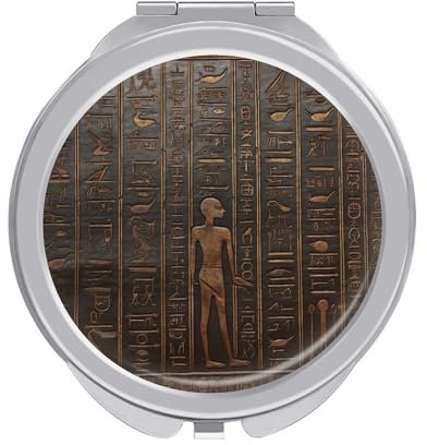 NTVOWPZO Antiker ägyptischer Hieroglyphen-Spiegel, Make-up-Spiegel, Reisespiegel, doppelseitiger Taschenspiegel mit 1-fach-/2-facher Vergrößerung, runder Spiegel für Damen, Geldbörse, Reisen,