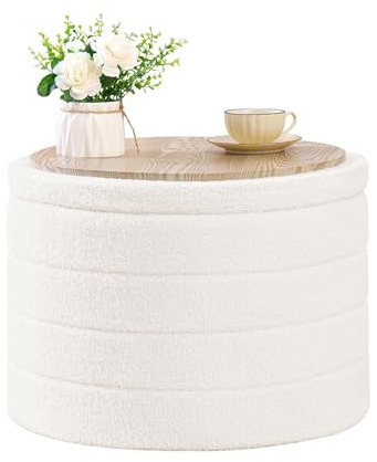 Bonlife Large Round Ottoman with Storage,Folding Boucle Stool,Ottoman Coffee Table,Chest Toy Box,Footstool for Living Room,Bedroom,Cream,56x56x40cm