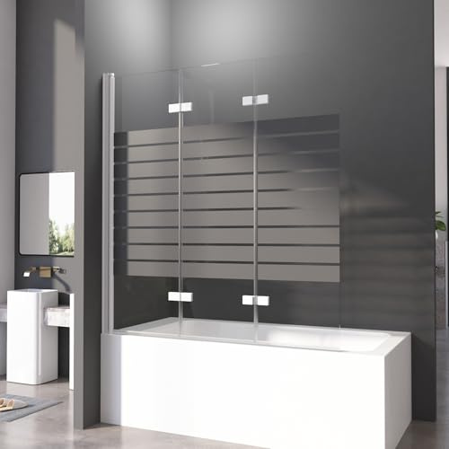 Duschwand für Badewanne 120x140 cm 3-teilig Faltbar Weiß Aluminiumrahmen Schwarz Gestreift Badewannenfaltwand 6mm ESG Glas Nano Beschichtung Duschtrennwand
