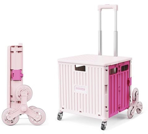 Carrello pieghevole in plastica per libri, con coperchio sicuro, 45 l, portatile, su ruote, per shopping, traslochi e viaggi, multiuso da giardino/carriola (rosa)