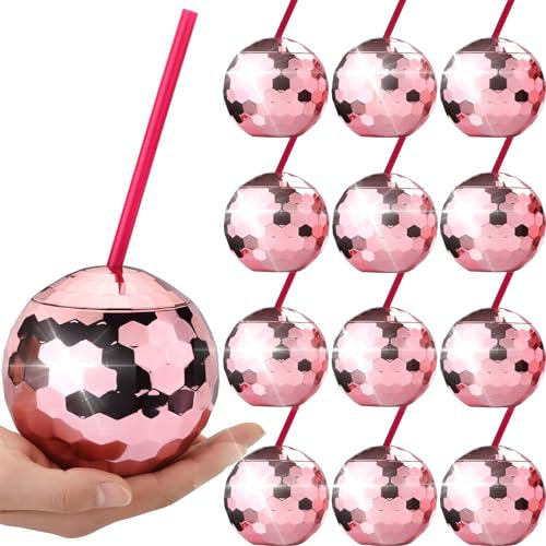 Haundry 12 Pack Disco Ball Cups, 20oz Sparkly Rose Glod Tumbler with Lid and Straws, Disco Flash Cups for Birthday Party, Bachelorette Party, 1970s Party, Taylor Barbie Party, Nightclub Bar Decor
