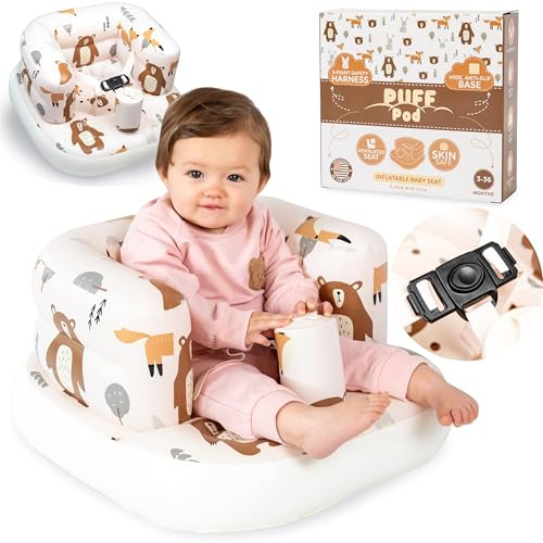 Puff Pod Asiento inflable de alta calidad para bebé con bomba integrada, silla inflable con arnés de seguridad y base antideslizante, silla de bebé para bebés de 3 a 36 meses, silla inflable portátil