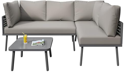 xixiworkshop Garten-Lounge-Set aus Eisen, Gartenmöbel-Set aus grünem Seil, L-förmiges Gartenmöbel-Set, Lounge-Set aus grünem Seil mit Sitzkissen, verstellbaren Füßen, 2 Sofas und 1 Tisch (Grau)