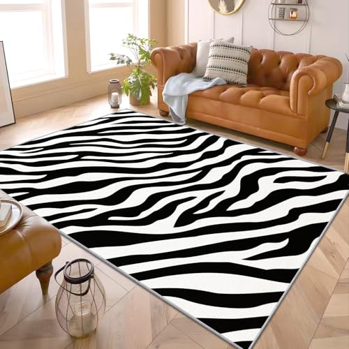 Zebra Muster Teppich - Teppich Wohnzimmer Schlafzimmer Schwarz Weiss Tiermuster, Großer Teppich Zebra Streifen, Weich Kurzflor & Waschbar & Rutschfest Teppich, Kinderteppich, Bettvorleger 120x170 cm