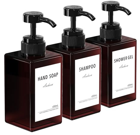 Anhow 3 st tvåldispenser, schampodispenser duschgel tvåldispenser 450 ml handtvåldispenser och 12 st vattentäta flasketiketter - brun