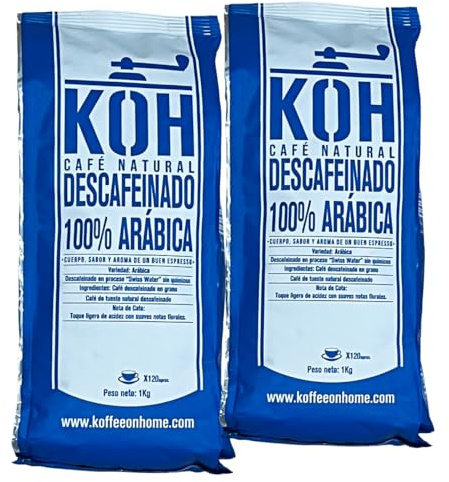 KoffeeONHOME Café en Grano Descafeinado al Agua, 100% Arábica, Tueste Natural, 2 Paquetes de 1kg - 2 kg