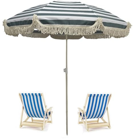 XOBRJQZ 200cm UPF50 Boho Fransen Outdoor Sonnenschirm mit Tragetasche, Strandschirm mit Quasten mit Stahlstange und Druckknopf Neigung