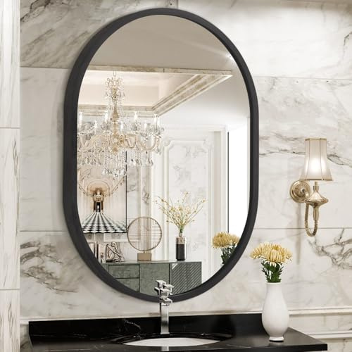 JJUUYOU Oval Mirror Black Metal Frame Bathroom Mirrors for Wall 65×45 CM Large Aluminum Alloy Mirror Decorative for Bathroom Living Rooms Bedroom Entryway Hallway Horizontal or Vertical Hanging