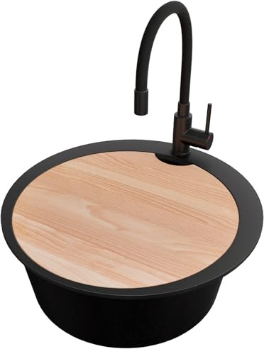 PRIMAGRAN Lavandino Rotondo Nero 53x53cm, Lavello in Granito a 1 vasca + Rubinetto 40x38cm + Set di accessori, Lavabo da Cucina Incasso al Mobile 50cm - Pise S061