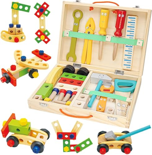 Kinder Werkzeugkoffer Holz – 34-teiliges Montessori Lernspielzeug mit Werkzeugen, Holz Werkzeugkasten ab 3 Jahren für Jungen & Mädchen