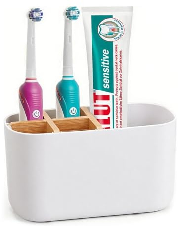 FOFAI Toothbrush Holder Bathroom Accessories: 5 Slots Electric Toothbrush Organiser with Detachable Bamboo Divider - Countertop Toothpaste Storage Caddy for Family & Easy to Clean