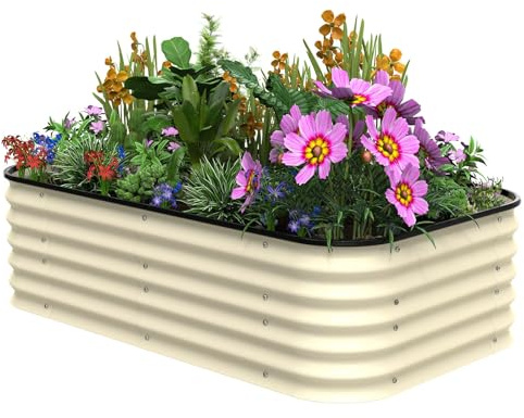 Raised Garden Bed Kit, Metal Planter Box Outdoor with Reinforced Rods, Rounded Galvanised Bottomless Large Raised Flower Beds for Garden Vegetables, Flowers and Herbs, Green White 150 * 60 * 43cm