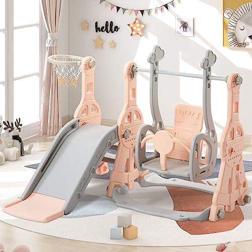 TDRTRD Toboggan pour Enfant 4 en 1, Toboggan Intérieur et Extérieur avec Panier de Basket, Escalier, Enfant Balançoire Toboggans autoportant, échelle d'escalade, pour Enfants de 1 à 4 Ans, Rose