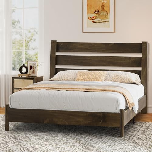LUXOAK Lit en bois massif 160 x 200 cm avec tête de lit inclinée, design mi-siècle, lattes en bois stables, pas de sommier tapissier nécessaire, silencieux, marron noir