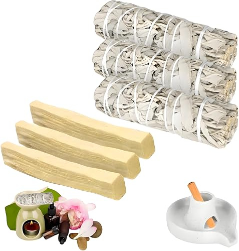 3 Weißer Salbei und 3 Palo Santo Premium Kalifornischer, 100% kontrollierte und nachhaltige Ernte, Räucherset Beseitigt Negative Energien, für energetische Rituale