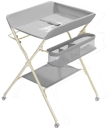 Sinyuyong Verstellbarer Wickeltisch mit integrierter Babybadewanne, faltbarem Spielzeugregal und zwei Aufbewahrungskörben(Grau)