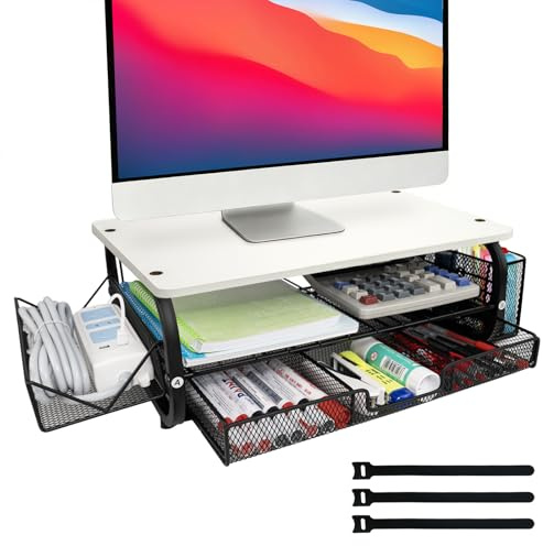 Monitorständer Ergonomischer Monitorständer 30kg/66lbs, multifunktional für Monitor/Drucker/Akten, extra breite Netzablage + 3 Kabelbinder, Monitor Ständer für Homeoffice & Studium/Büro, Weiß