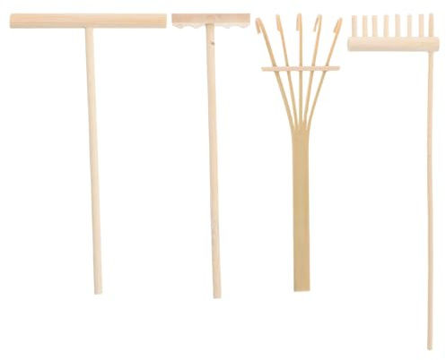 VANZACK Ensemble de 4 Mini Outils Râteaux en Bois pour Jardin Zen de Sable, Décoration de Bureau à Domicile, Kit Accessoires de Jardin Miniature pour Création Motifs, Outil de Table Feng